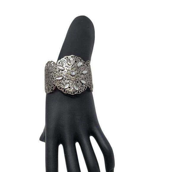 Vintage Fillagree Metal Wide Cuff Bracelet Silver Rhinestone Perforated Scroll - Picture 9 of 9